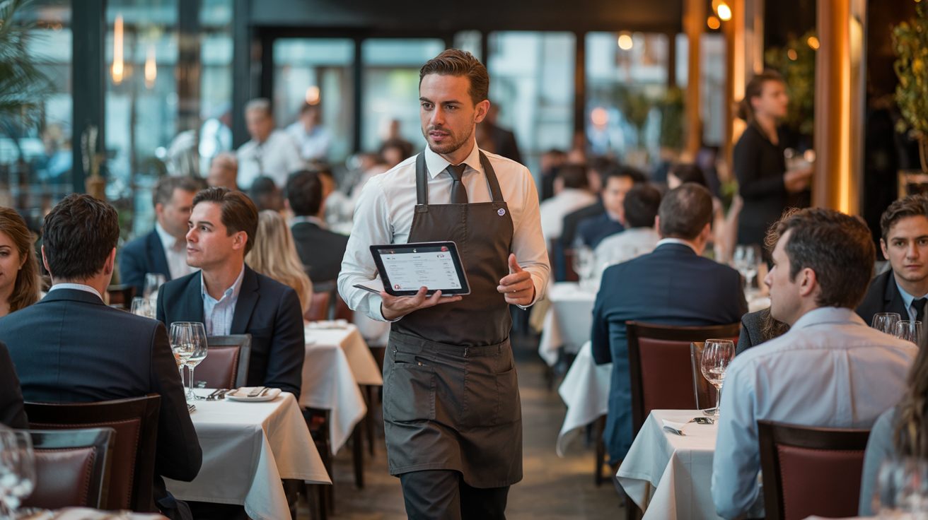 Serveur avec un PAD pendant le service en brasserie