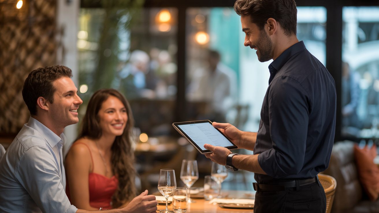 Serveur prenant la commande à table sur un PAD tactile dans un bistro