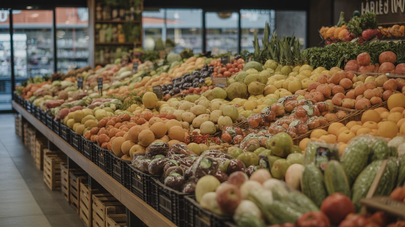 Étal de fruits et légumes frais dans un commerce moderne.