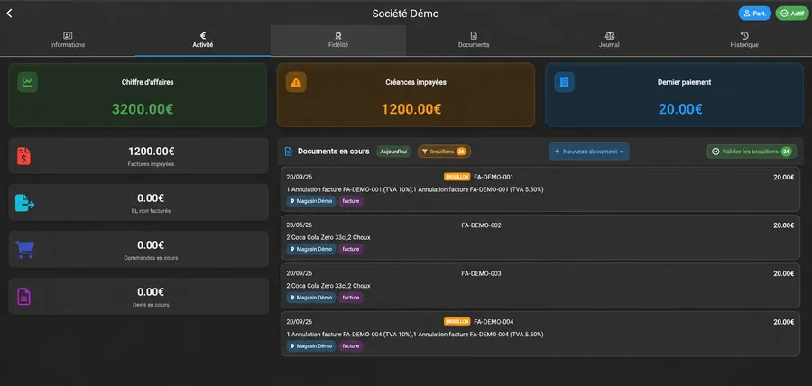 Compte client professionnel dans iotill Cloud : chiffre d'affaires, créances impayées, bons de livraison non facturés, commandes et devis en cours