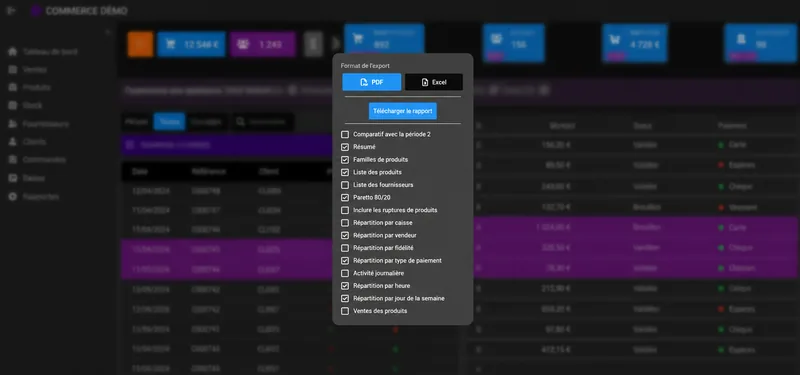 Export d'un rapport iotill Cloud : choix des rubriques, format PDF ou Excel