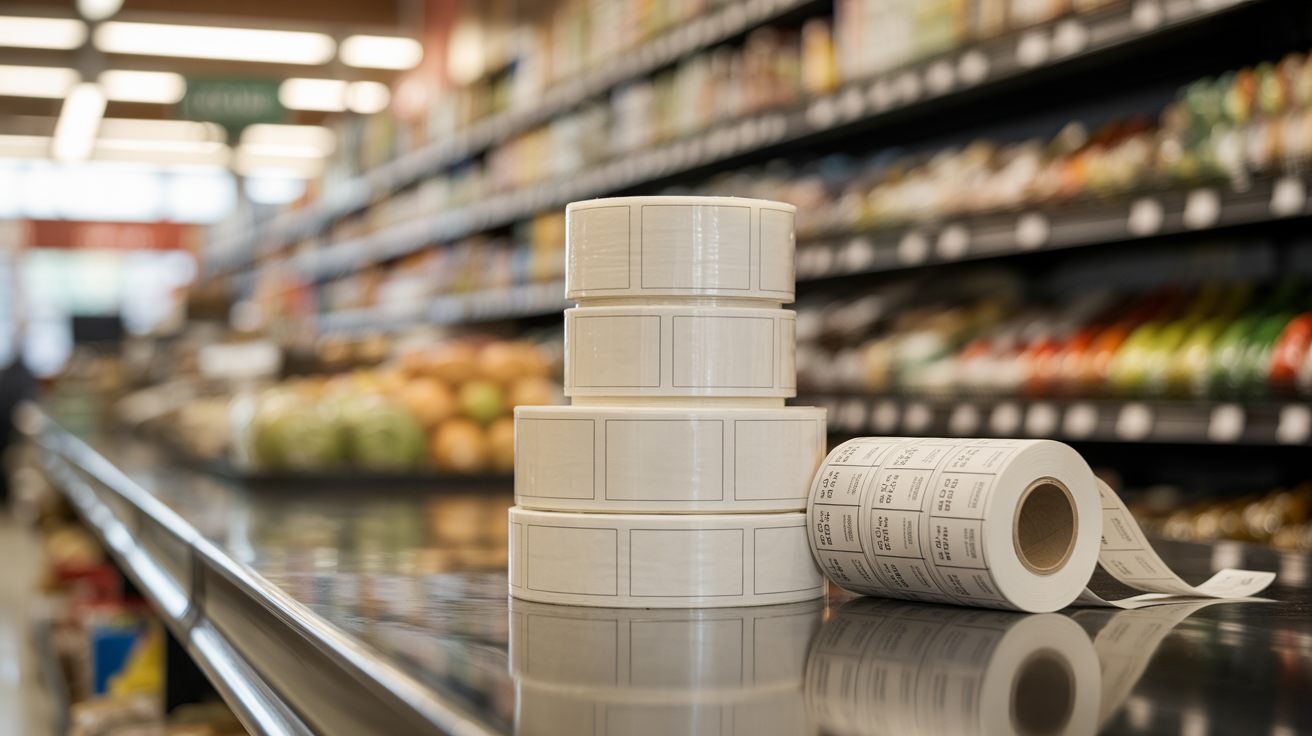 Rouleaux d'étiquettes adhésives et étiquettes prédécoupées posés sur un comptoir