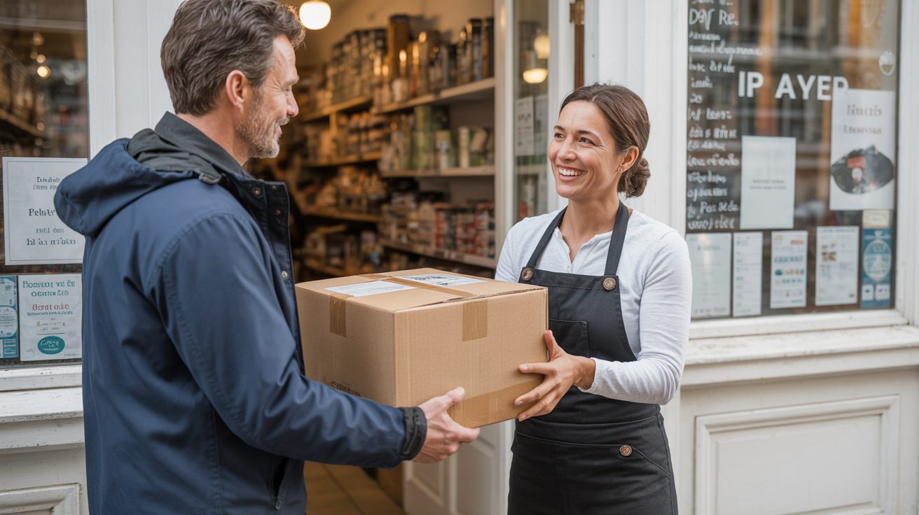 Un expert Vendoris remet un carton de consommables à une commerçante devant sa boutique