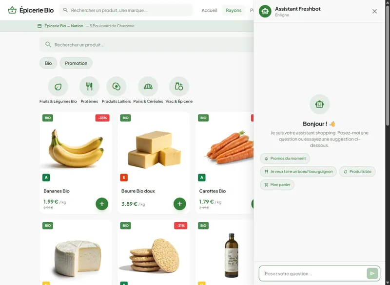 Assistant Freshbot ouvert dans la boutique client, avec ses suggestions