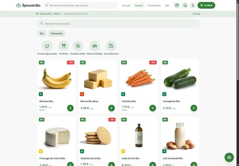Boutique client Freshbot : rayons, produits bio, prix et promotions