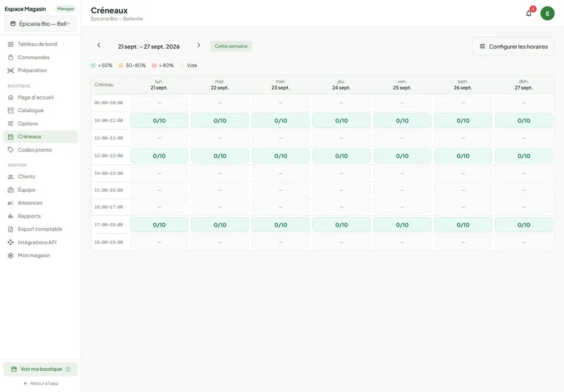 Planning des créneaux de retrait et de leur capacité dans l'espace magasin Freshbot