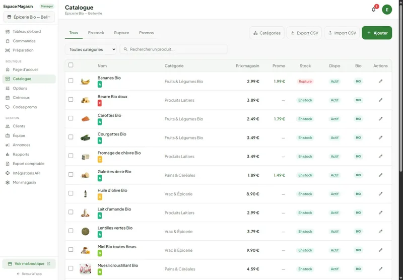 Catalogue de l'espace magasin Freshbot : prix, promotions, stocks et disponibilités