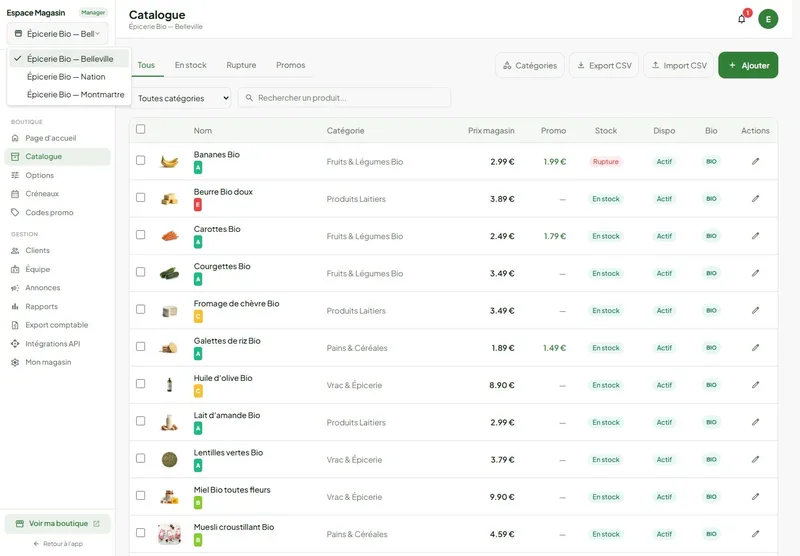 Sélection du magasin dans l'espace Freshbot d'une enseigne à plusieurs points de vente