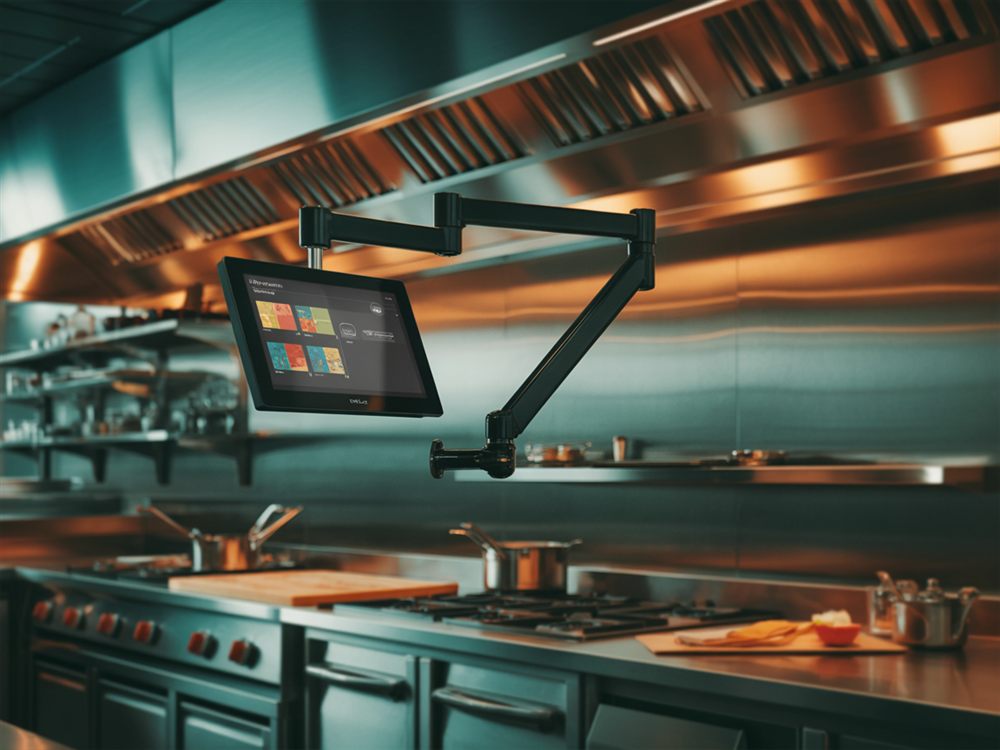 Écran de production tactile sur bras articulé au-dessus du piano de cuisson