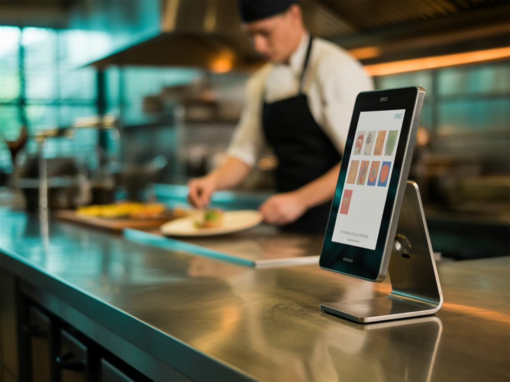 Écran de production tactile posé sur le comptoir d'une cuisine professionnelle