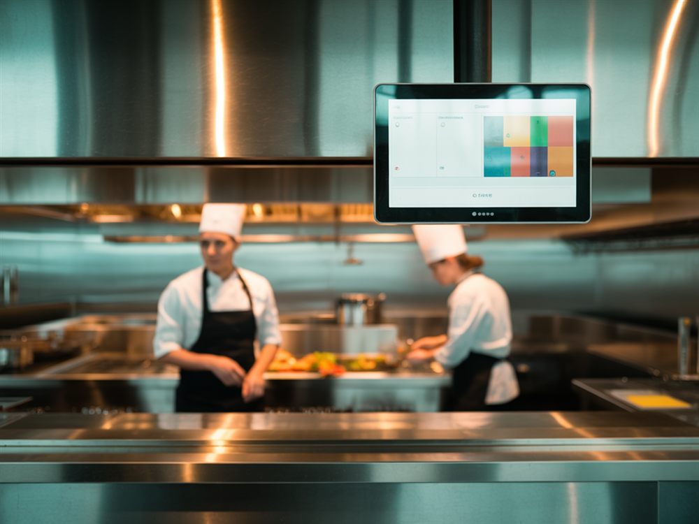 Écran de production tactile fixé en hauteur dans une cuisine professionnelle