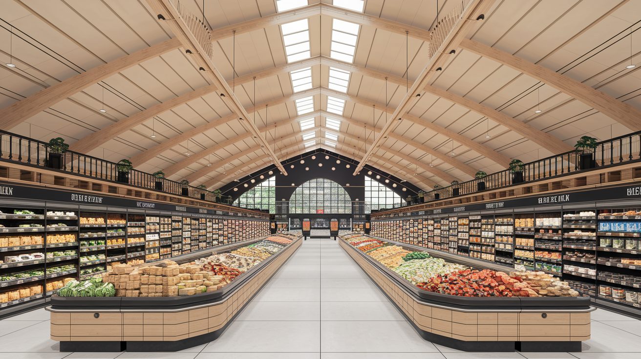 Intérieur d'une grande surface alimentaire avec ses rayons frais et ses allées