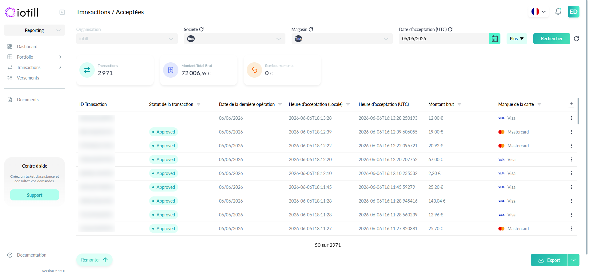 Portail de reporting iotill Pay : transactions acceptées : montants, statuts et marques de carte