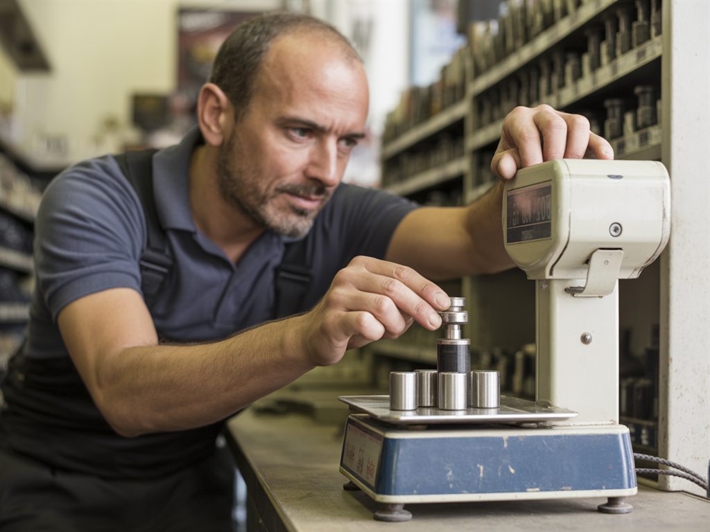 Un expert Vendoris vérifie et règle une balance de comptoir avec des poids de contrôle