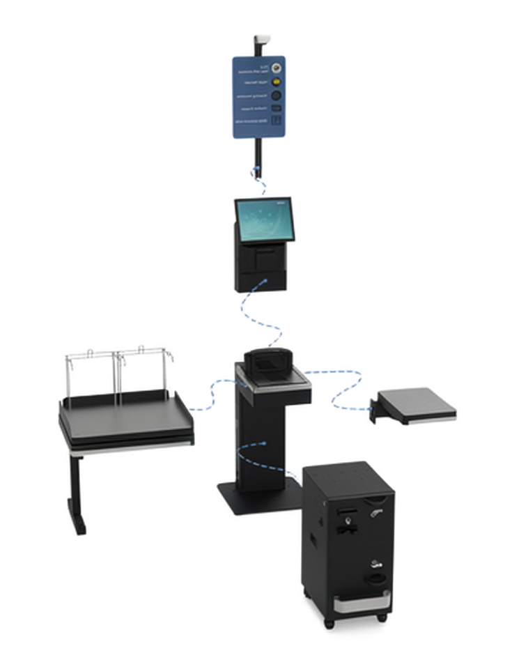 Vue modulaire de la caisse automatique iotill Self-Checkout : mât caméra/voyant, écran, scanner, plateau de pesée, plateau de dépose, zone de mise en sac et monnayeur haute capacité, tous reliés.