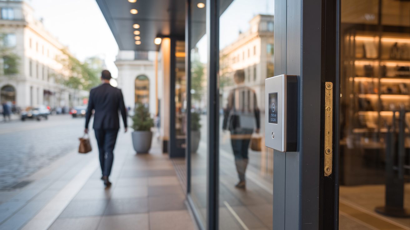 Lecteur de contrôle d'accès moderne à côté de la porte vitrée d'un commerce