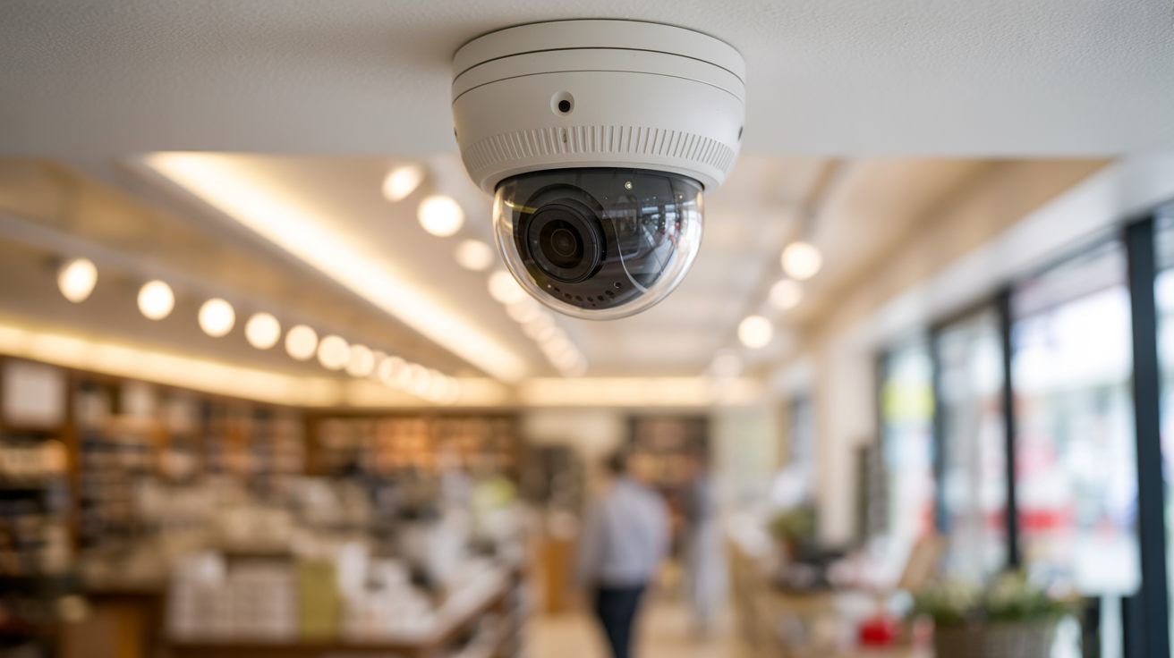 Caméra de vidéosurveillance dôme discrète au plafond d'un commerce