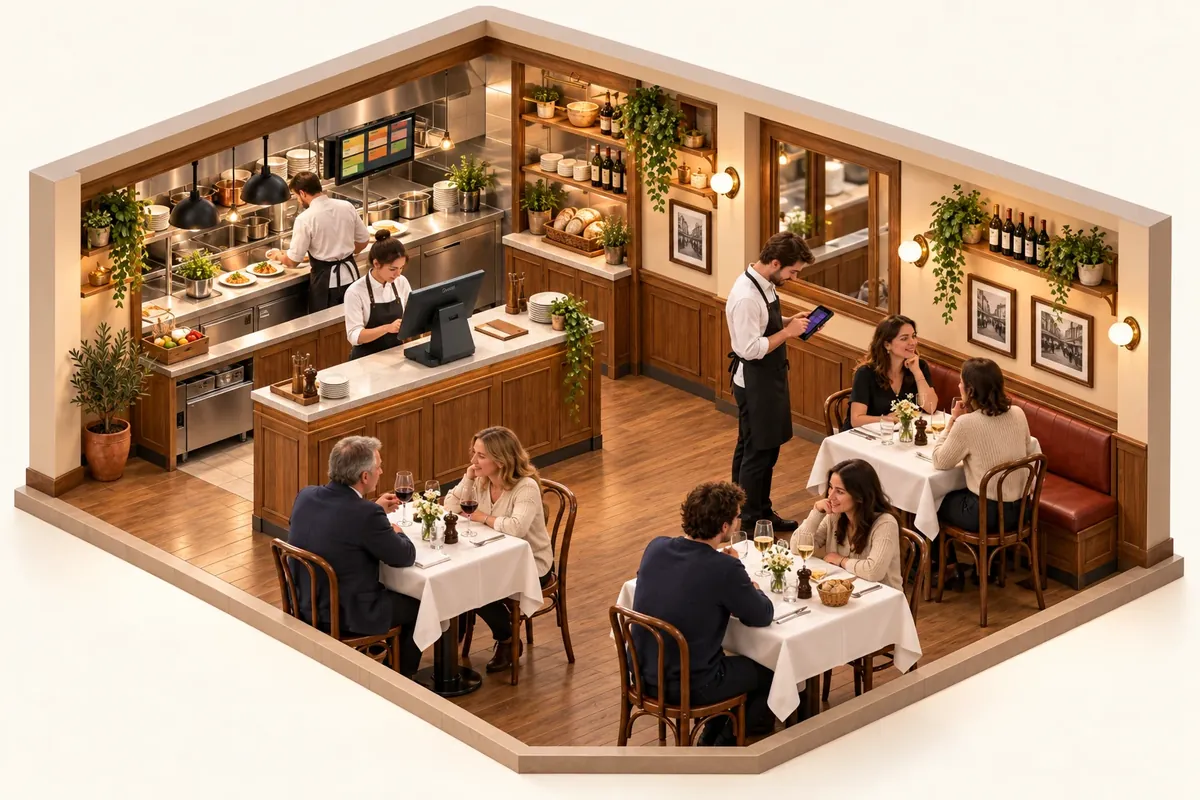 Illustration d'une brasserie équipée iotill : caisse au comptoir, serveur qui prend la commande à table, écran de production en cuisine