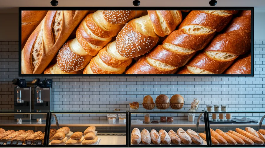 Menu board mural : grand ecran 4K en paysage au-dessus d'un comptoir de boulangerie