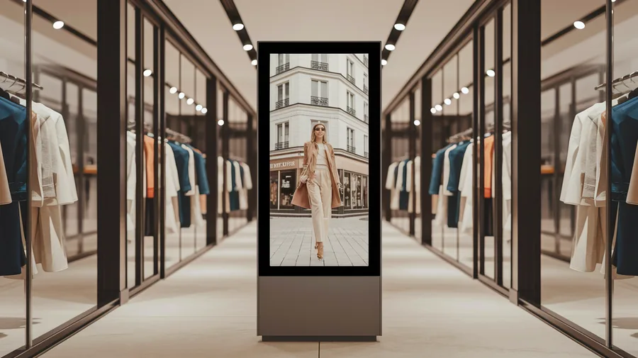 Totem portrait : ecran vertical sur pied a l'entree d'une boutique