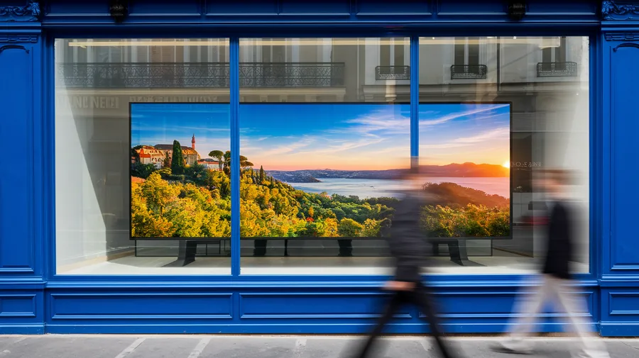 Ecran de vitrine : grand ecran lumineux derriere la vitre, visible depuis la rue en plein jour