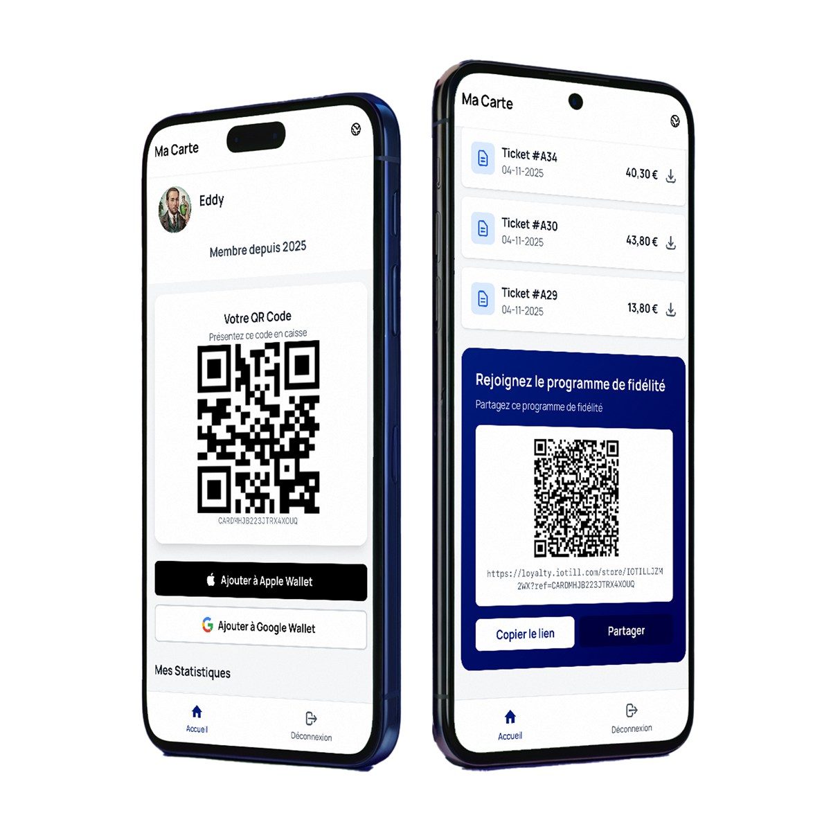 L'app Ma Carte d'iotill Wallet : carte de fidélité avec QR à présenter en caisse, et tickets de caisse dématérialisés à télécharger